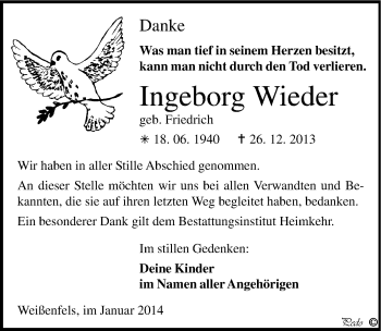 Traueranzeige von Ingeborg Wieder von Mitteldeutsche Zeitung Weißenfels