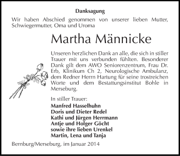 Traueranzeige von Martha Männicke von Mitteldeutsche Zeitung Bernburg
