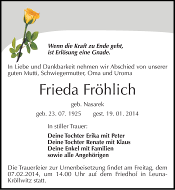 Traueranzeige von Frieda Fröhlich von Mitteldeutsche Zeitung Merseburg/Querfurt