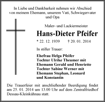 Traueranzeige von Hans-Dieter Pfeifer von Mitteldeutsche Zeitung Dessau-Roßlau