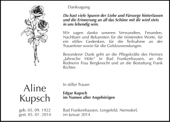 Traueranzeige von Aline Kupsch von Mitteldeutsche Zeitung Sangerhausen