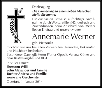 Traueranzeige von Annemarie Werner von Mitteldeutsche Zeitung Merseburg/Querfurt