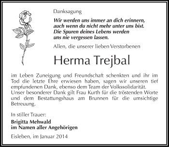 Traueranzeige von Herma Trejbal von Mitteldeutsche Zeitung Mansfelder Land