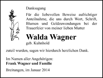 Traueranzeige von Walda Wagner von Mitteldeutsche Zeitung Sangerhausen