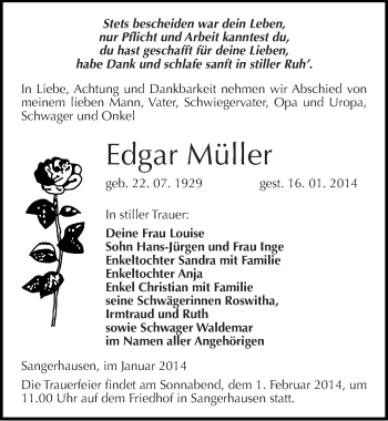 Traueranzeige von Edgar Müller von Mitteldeutsche Zeitung Sangerhausen