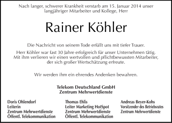 Traueranzeige von Rainer Köhler von Mitteldeutsche Zeitung Weißenfels