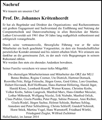 Traueranzeige von Johannes Krötenheerdt von Mitteldeutsche Zeitung Halle/Saalkreis