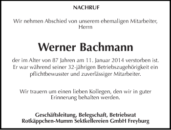 Traueranzeige von Werner Bachmann von Mitteldeutsche Zeitung Naumburg/Nebra