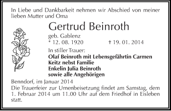 Traueranzeige von Gertrud Beinroth von Mitteldeutsche Zeitung Mansfelder Land