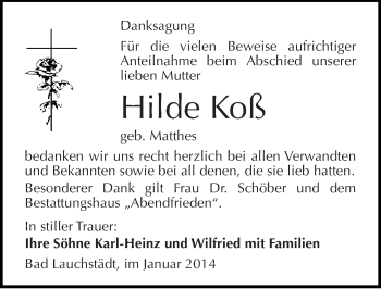 Traueranzeige von Hilde Koß von Mitteldeutsche Zeitung Merseburg/Querfurt