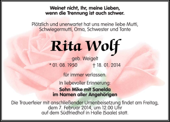 Traueranzeige von Rita Wolf von Mitteldeutsche Zeitung