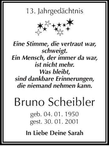 Traueranzeige von Bruno Scheibler von Mitteldeutsche Zeitung Köthen