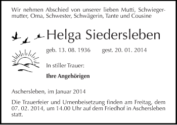 Traueranzeige von Helga Siedersleben von Mitteldeutsche Zeitung Aschersleben
