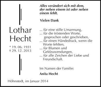 Traueranzeige von Lothar Hecht von Mitteldeutsche Zeitung Halle/Saalkreis