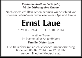 Traueranzeige von Ernst Laue von Mitteldeutsche Zeitung Dessau-Roßlau