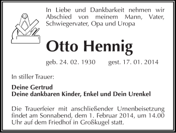 Traueranzeige von Otto Hennig von Mitteldeutsche Zeitung Halle/Saalkreis