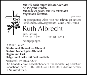 Traueranzeige von Ruth Albrecht von Mitteldeutsche Zeitung Quedlinburg