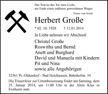 Traueranzeige von Herbert Große von Mitteldeutsche Zeitung Sangerhausen