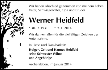 Traueranzeige von Werner Heidfeld von Mitteldeutsche Zeitung Aschersleben