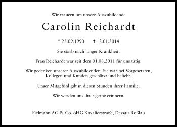 Traueranzeige von Carolin Reichardt von Mitteldeutsche Zeitung Köthen