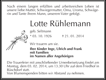 Traueranzeige von Lotte Rühlemann von Mitteldeutsche Zeitung Halle/Saalkreis