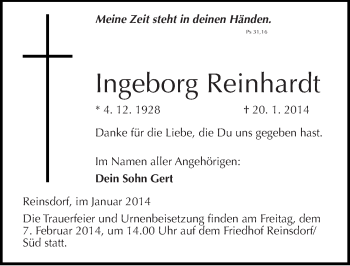 Traueranzeige von Ingeborg Reinhardt von Mitteldeutsche Zeitung Wittenberg