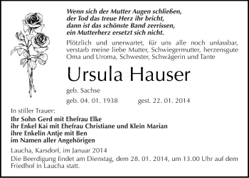 Traueranzeige von Ursula Hauser von Mitteldeutsche Zeitung Naumburg/Nebra