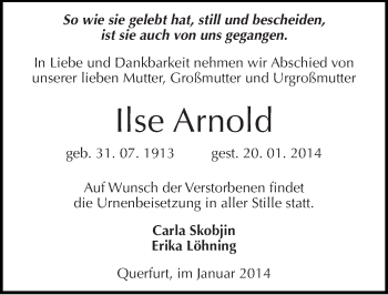 Traueranzeige von Ilse Arnold von Mitteldeutsche Zeitung Merseburg/Querfurt