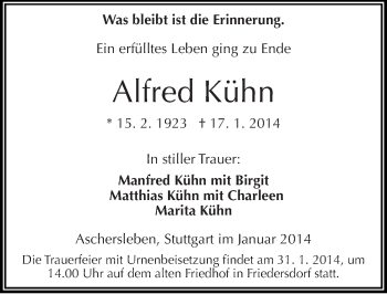 Traueranzeige von Alfred Kühn von Mitteldeutsche Zeitung Bitterfeld