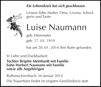 Traueranzeige von Luise Naumann von Mitteldeutsche Zeitung Aschersleben