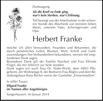 Traueranzeige von Herbert Franke von Mitteldeutsche Zeitung Sangerhausen