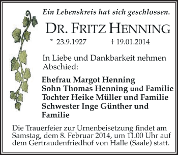 Traueranzeige von Fritz Henning von Mitteldeutsche Zeitung Halle/Saalkreis