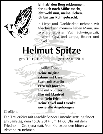 Traueranzeige von Helmut Spitze von Mitteldeutsche Zeitung Naumburg/Nebra