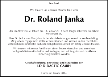 Traueranzeige von Roland Janka von Mitteldeutsche Zeitung