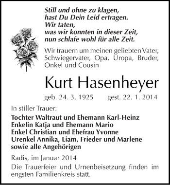 Traueranzeige von Kurt Hasenheyer von Mitteldeutsche Zeitung Wittenberg