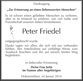 Traueranzeige von Peter Friedel von Mitteldeutsche Zeitung Weißenfels