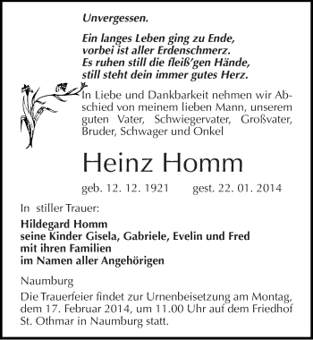 Traueranzeige von Heinz Homm von Mitteldeutsche Zeitung Naumburg/Nebra