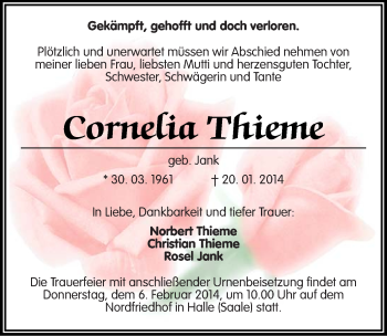 Traueranzeige von Cornelia Thieme von Mitteldeutsche Zeitung Halle/Saalkreis