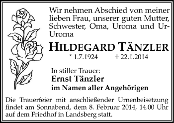 Traueranzeige von Hildegard Tänzler von Mitteldeutsche Zeitung Halle/Saalkreis