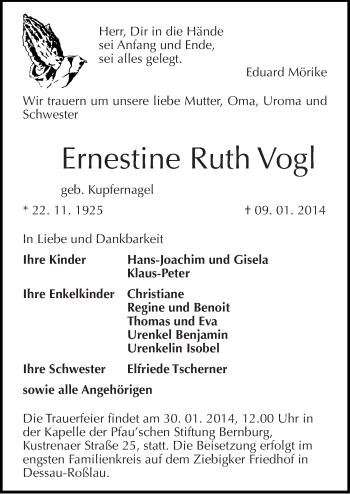 Traueranzeige von Ernestine Ruth Vogl von Mitteldeutsche Zeitung Bernburg