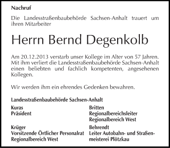 Traueranzeige von Bernd Degenkolb von Mitteldeutsche Zeitung Mansfelder Land