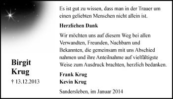 Traueranzeige von Birgit Krug von Mitteldeutsche Zeitung Mansfelder Land