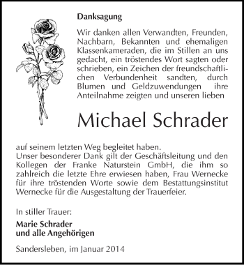 Traueranzeige von Michael Schrader von Mitteldeutsche Zeitung Mansfelder Land