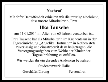 Traueranzeige von Ilka Tausche von Mitteldeutsche Zeitung Köthen