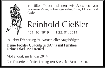 Traueranzeige von Reinhold Gießler von Mitteldeutsche Zeitung Mansfelder Land