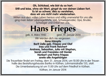 Traueranzeige von Hans Friepes von Mitteldeutsche Zeitung Köthen