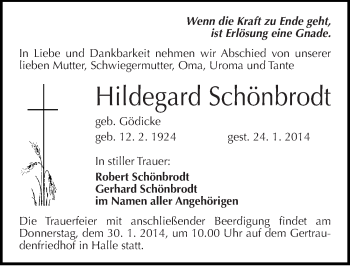 Traueranzeige von Hildegard Schönbrodt von Mitteldeutsche Zeitung Halle/Saalkreis