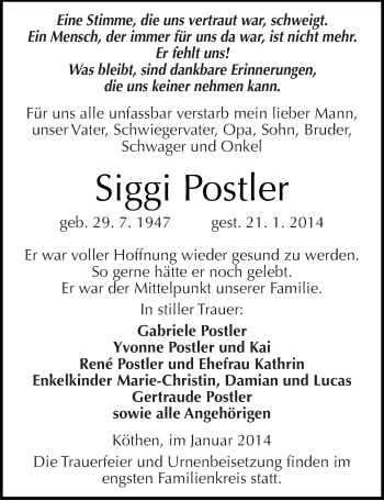 Traueranzeige von Siggi Postler von Mitteldeutsche Zeitung Köthen