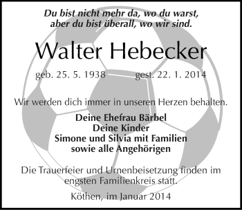 Traueranzeige von Walter Hebecker von Mitteldeutsche Zeitung Köthen