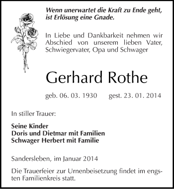Traueranzeige von Gerhard Rothe von Mitteldeutsche Zeitung Mansfelder Land